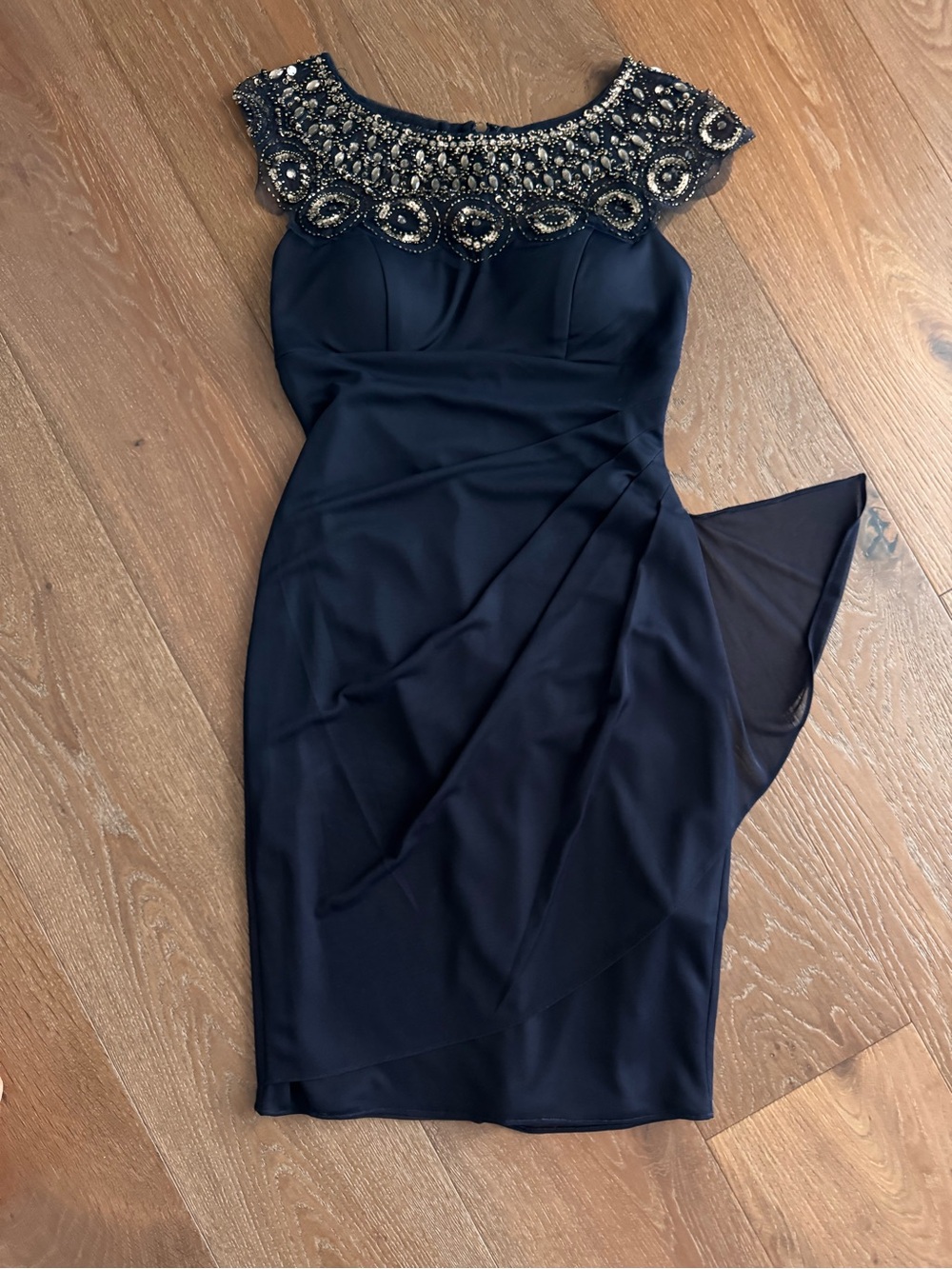 Xscape Navy Midi Dress with Beaded Collar